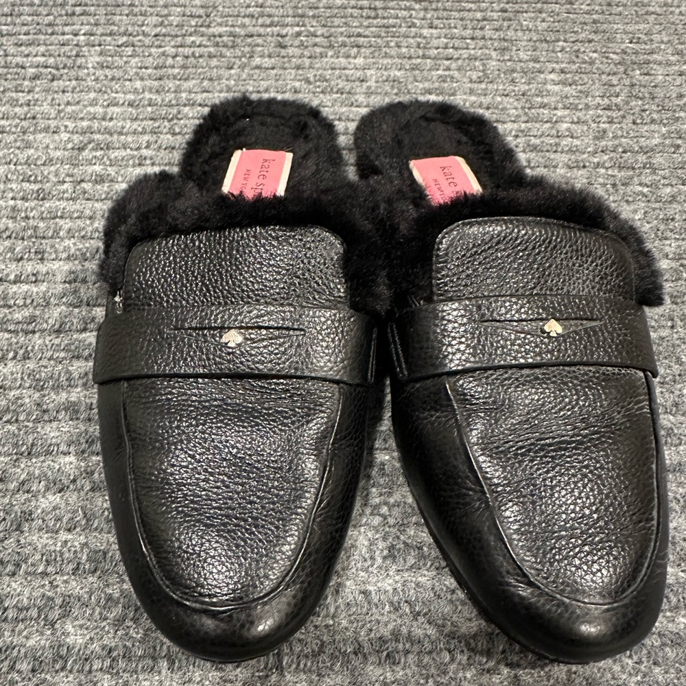 Kate Spade Black Fur-Trimmed Leather Loafers size 7